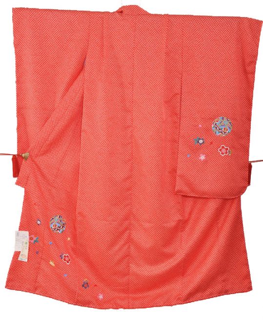 七五三 7歳 女の子用  四つ身 No.213 Y | 濃いピンク色 絞り柄 毬に桜刺繍